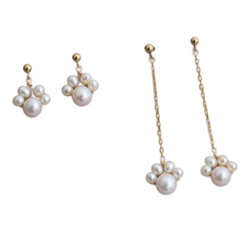 Wholesale Long Tassel Cat Claw 14k Gold Pearl Pendant Earrings